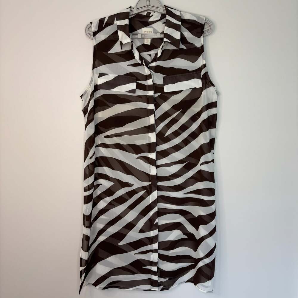 Chico's sheer animal striped cover up womens L brown cream sleeveless collar